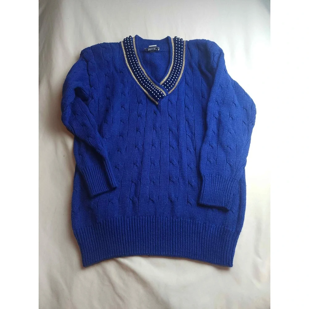Eminent Vintage Royal Blue Cable Knit Pearl Beaded V-Neck Sweater Small Womens